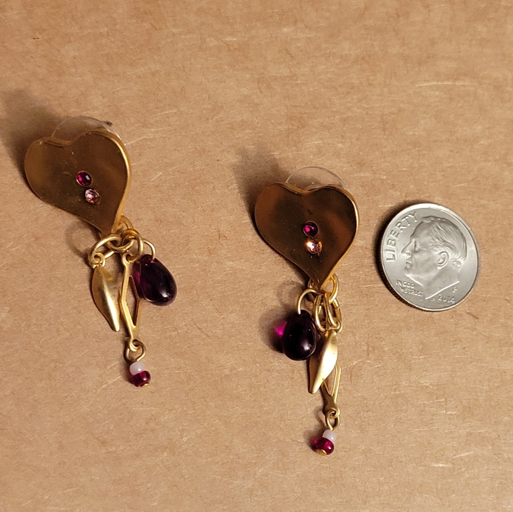 Vintage Gold Heart Drop Earrings with Pink and Purple Stones - Women Jewelry